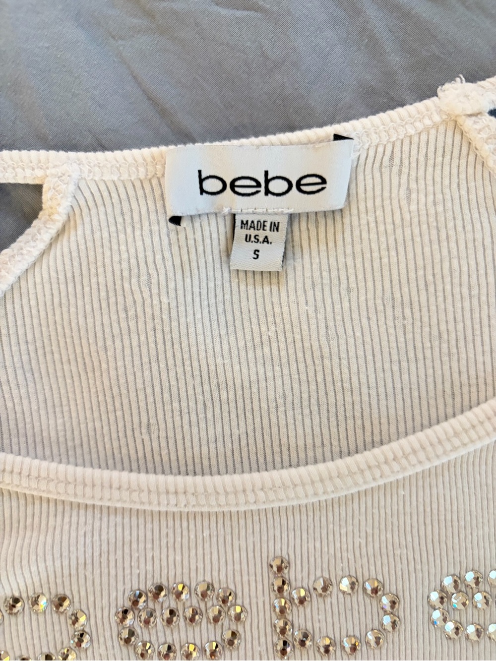 Vintage Y2K bebe White Ribbed Scoop Neck Top with Rhinestone Logo - Picture 4 of 6